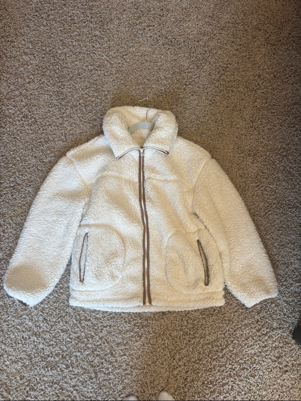 Universal Thread Cream Sherpa Zip Jacket with Brown Trim